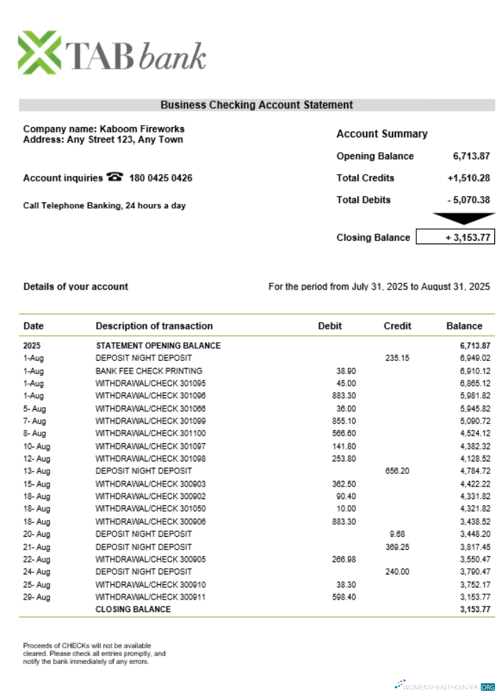 Download TAB organization checking account statement Word and PDF format Photoshop template